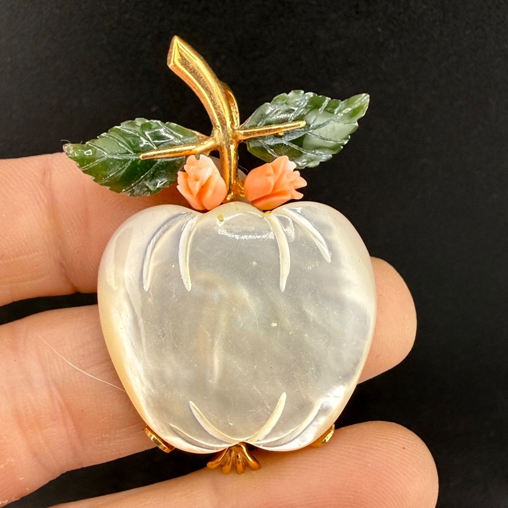 Vintage Estate Apple Pendant White Mother of Pearl Coral Green Stone Gold Tone